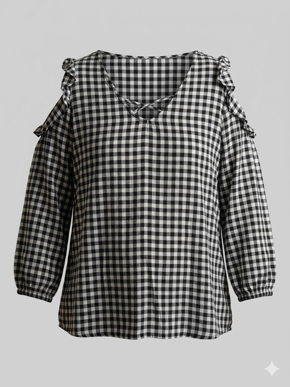 JODIFL Black & White Gingham Cold-Shoulder Tunic